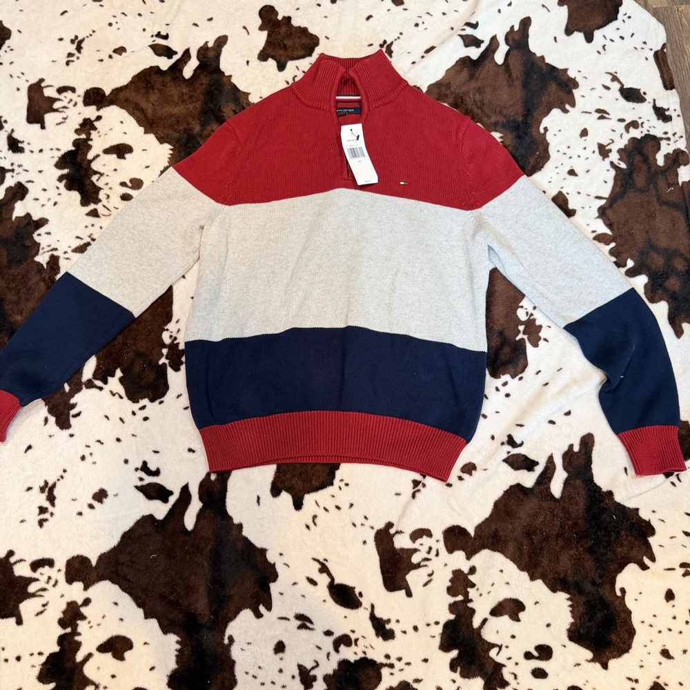 Tommy Hilfiger Quarter Zip Sweater Mens‎ Small Red White Blue Colorblock Preppy